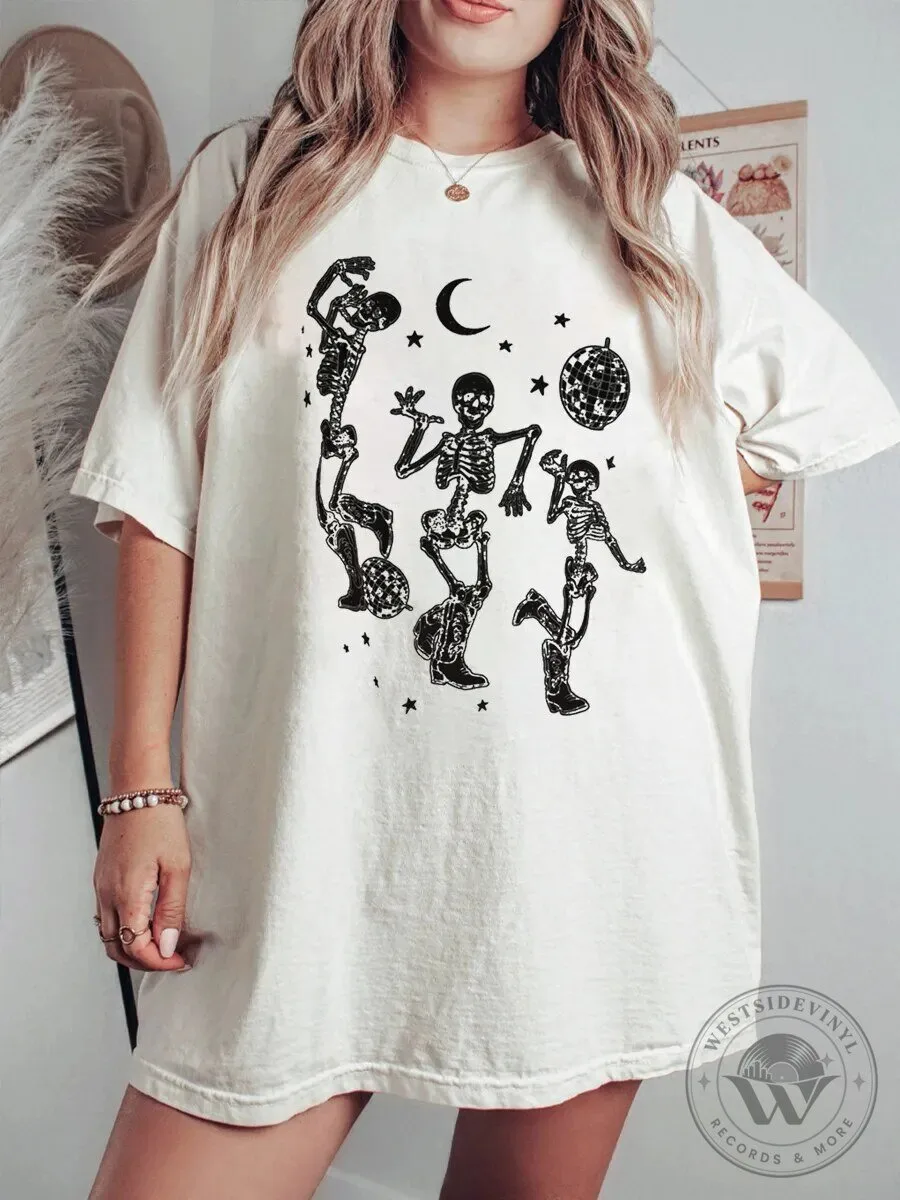 Dancing Cowboy Skeleton Halloween Spooky Disco Ball Graphic T-Shirt