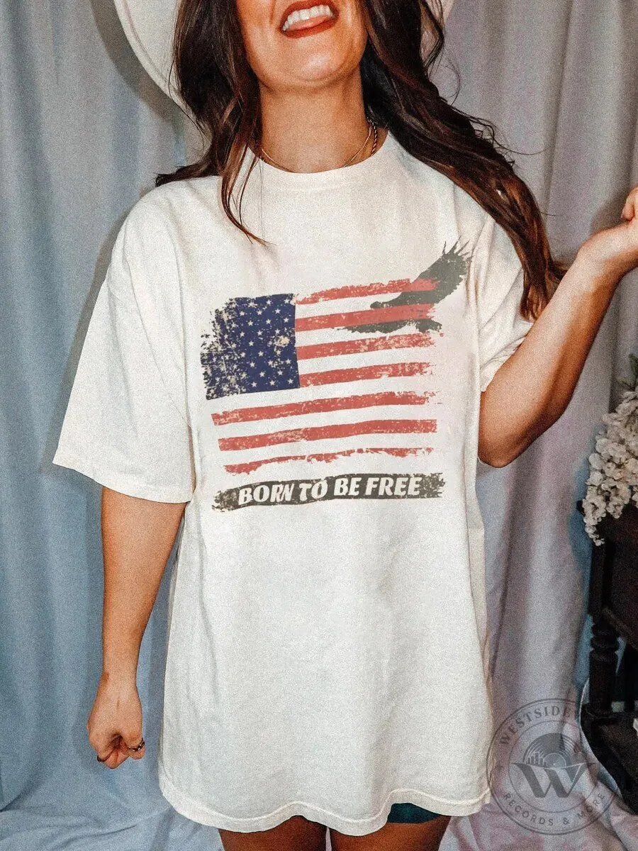Born To Be Free American Flag Distressed Graphic Oversized T-Shirt 1 Born To Be Free American Flag Distressed Graphic Oversized T-Shirt
