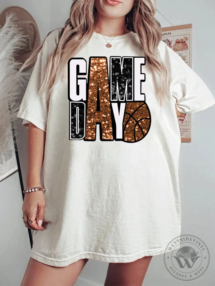 Game Day Basketball Sports Fan Glitter Print Oversized T-Shirt