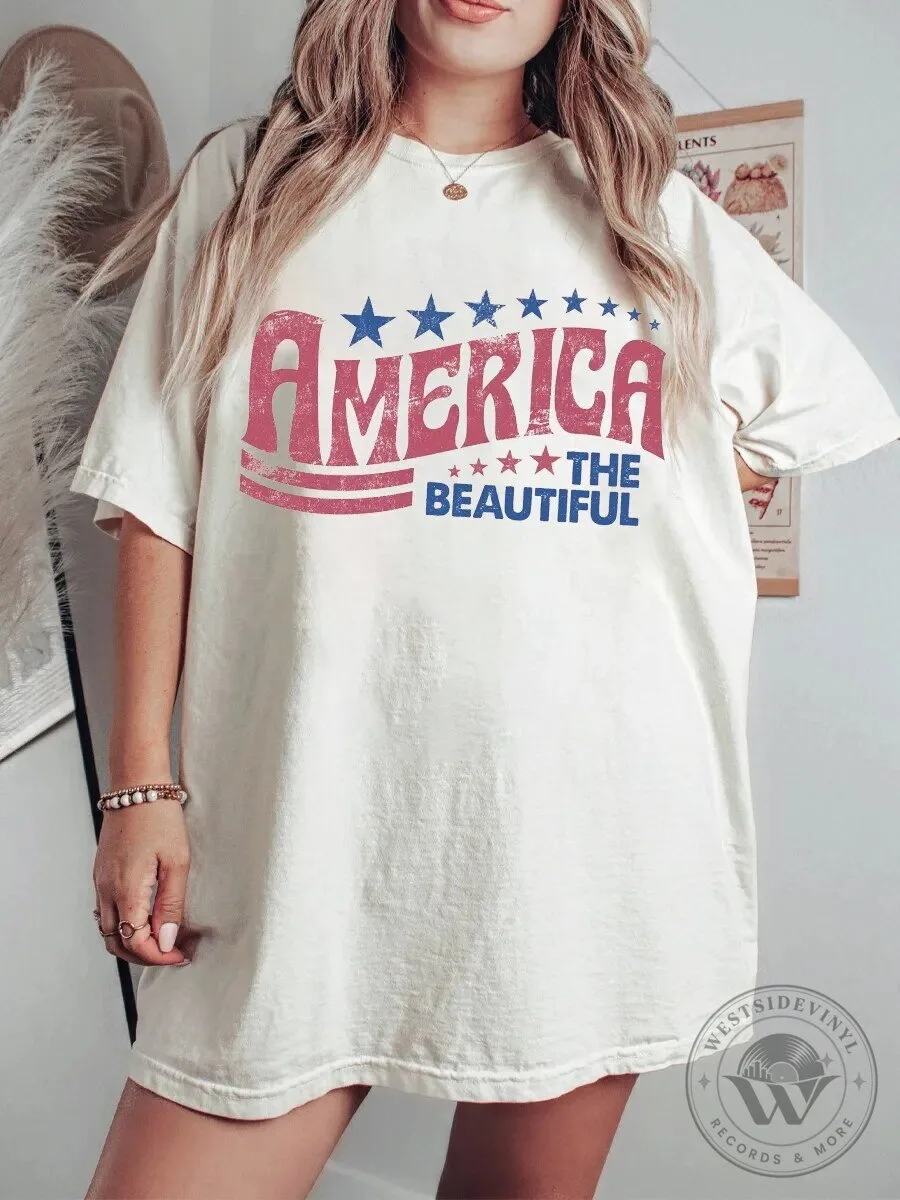 America The Beautiful Vintage Patriotic Stars and Stripes Graphic T-Shirt