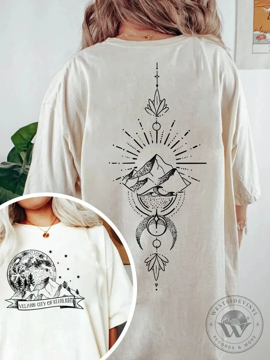 Velaris City Of Starlight Mountain Stars Moon Fantasy Novelty T-Shirt 2 Velaris City Of Starlight Mountain Stars Moon Fantasy Novelty T-Shirt