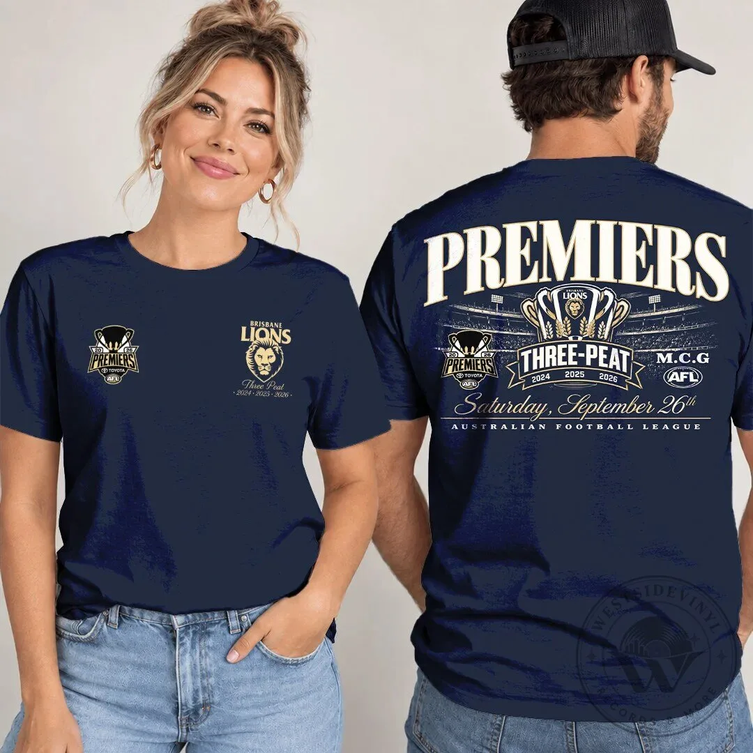 Brisbane Lions Australian Football League Three-Peat Premiers 2026 Navy T-Shirt