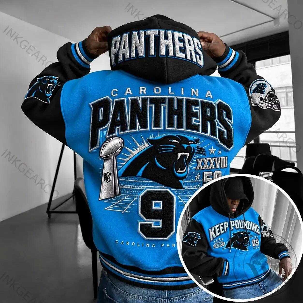Hoodie in Blue and Black featuring the Carolina Panthers NFL Team Logo