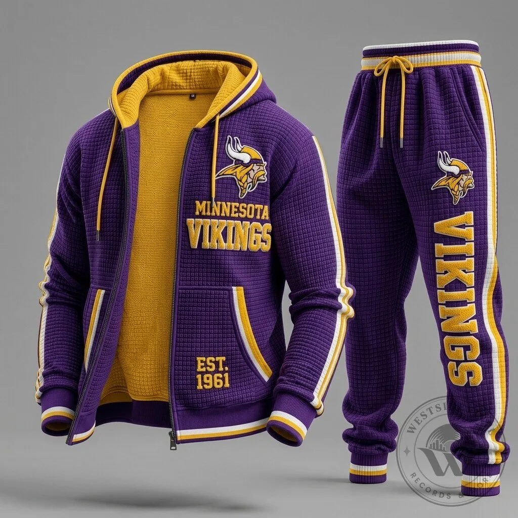 Minnesota Vikings Football Team Purple and Gold Quilted Hoodie Jacket