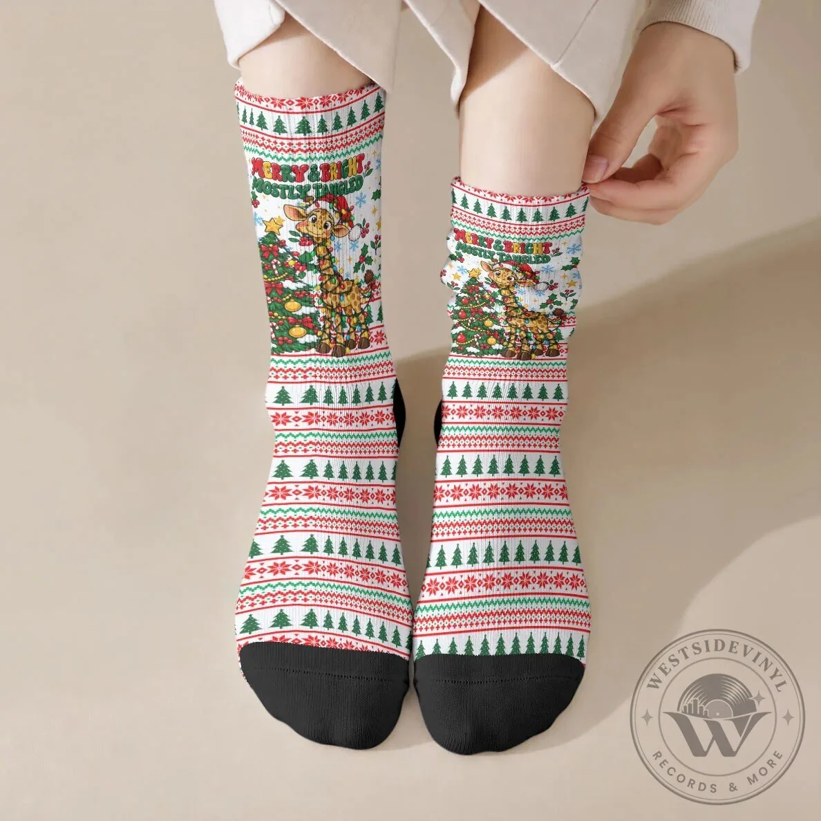 Christmas Giraffe Tangled in Lights Holiday Crew Socks