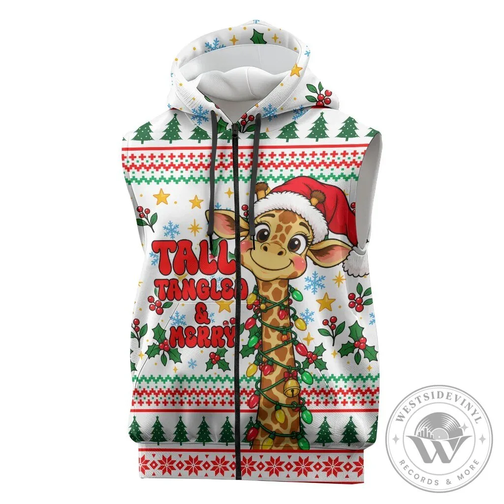 Christmas Giraffe Tall Tangled and Merry Ugly Sweater Sleeveless Hoodie