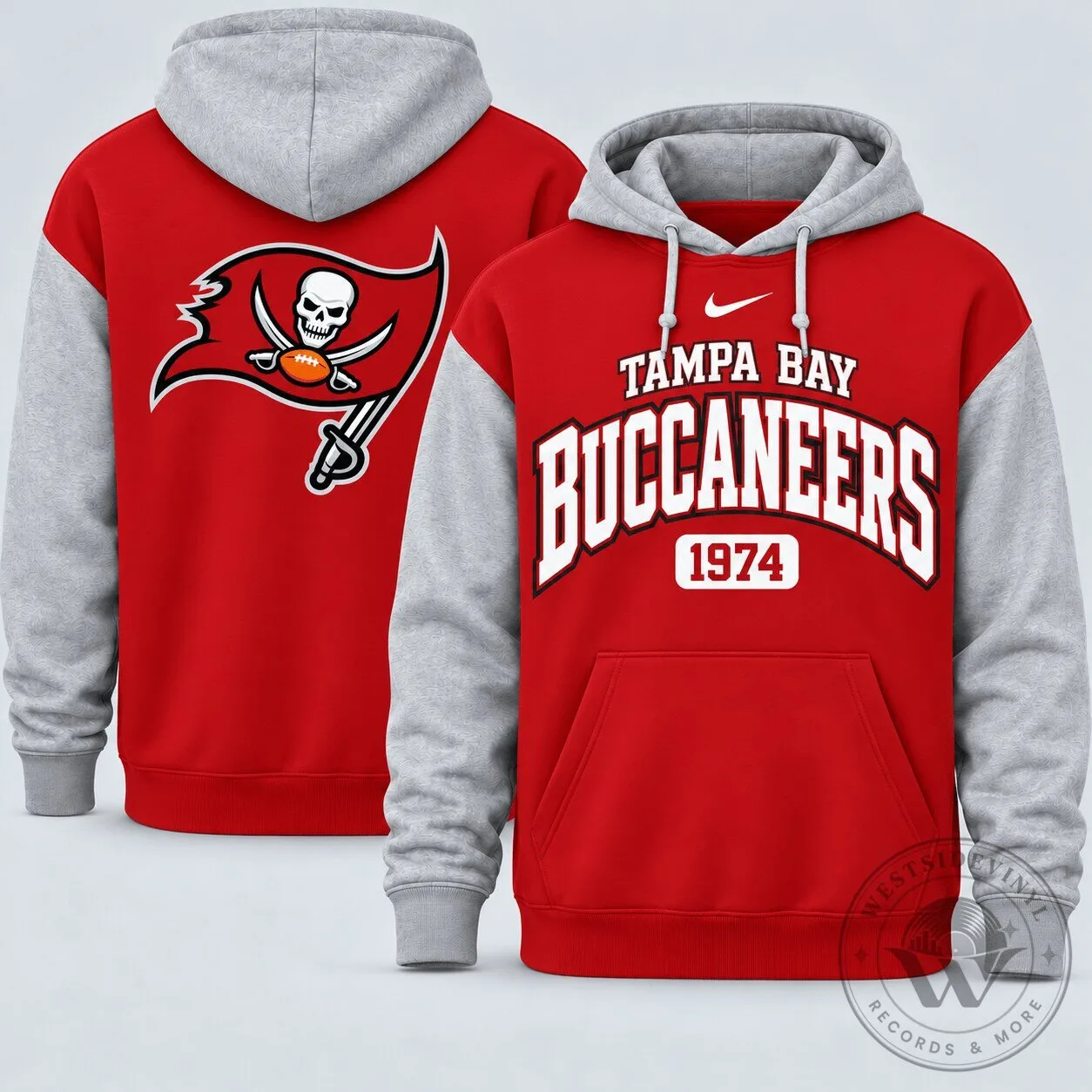 Tampa Bay Buccaneers NFL Football Team Red and Gray Color Block Hoodie