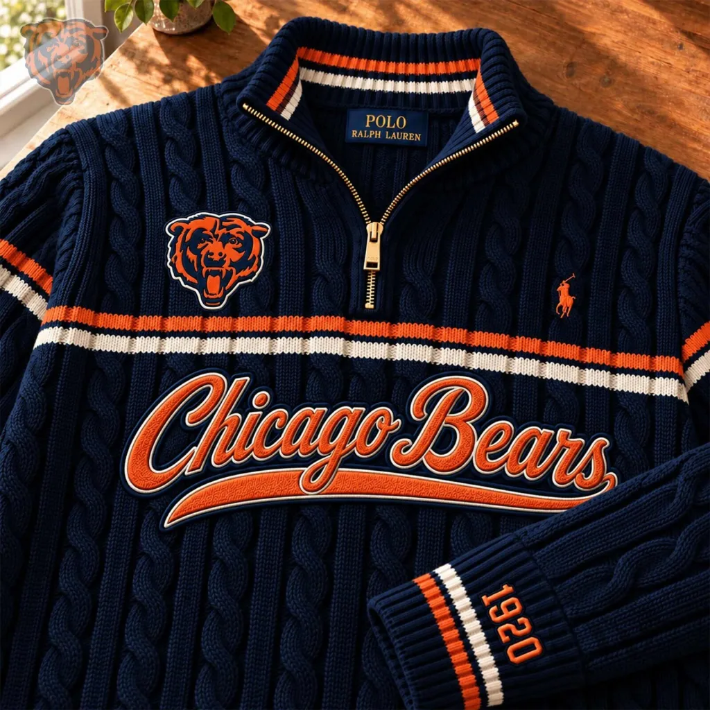Chicago Bears Ralph Lauren Quarter Zip Cable Knit Sweater Chicago Bears Ralph Lauren Quarter Zip Cable Knit Sweater