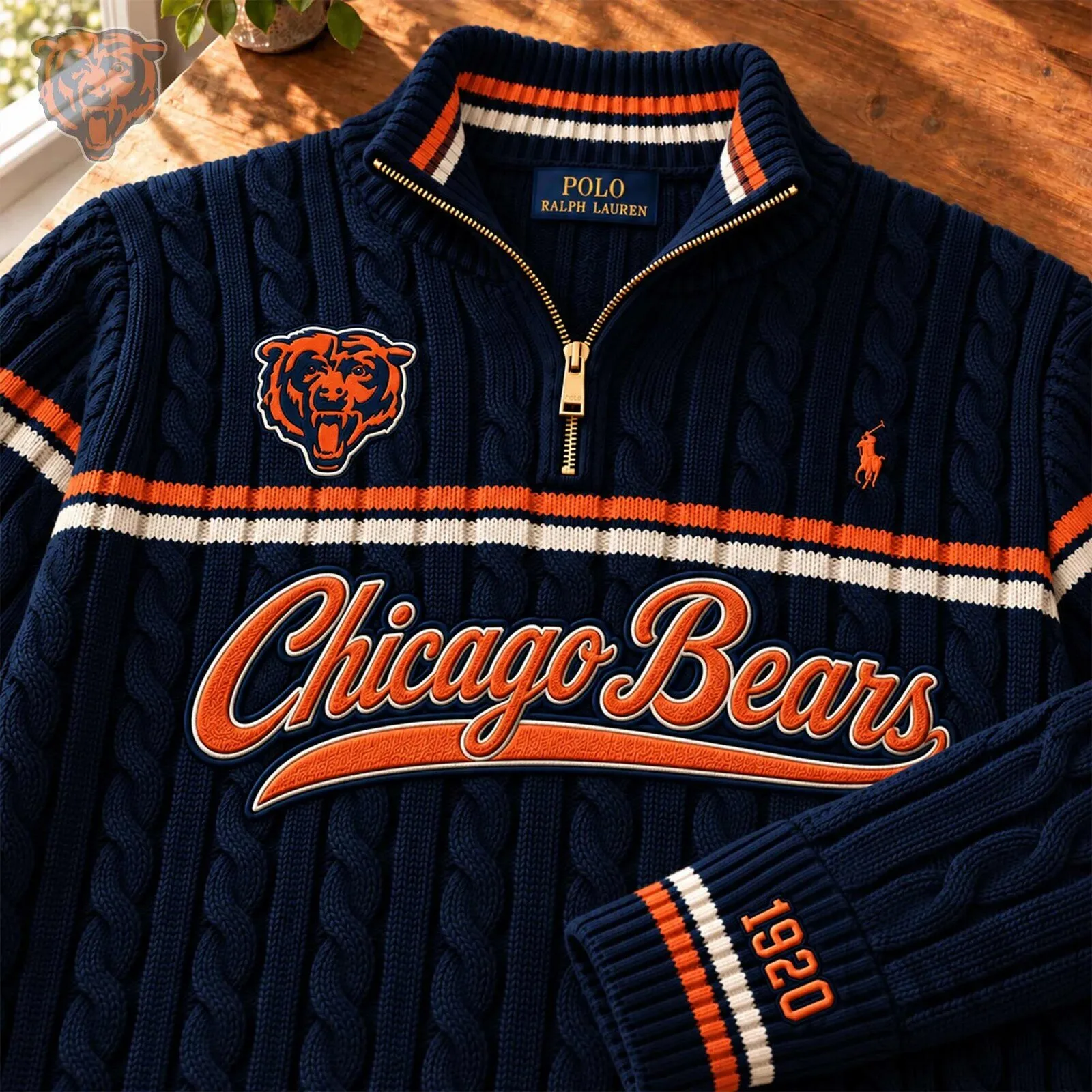 Chicago Bears Ralph Lauren Quarter Zip Cable Knit Sweater
