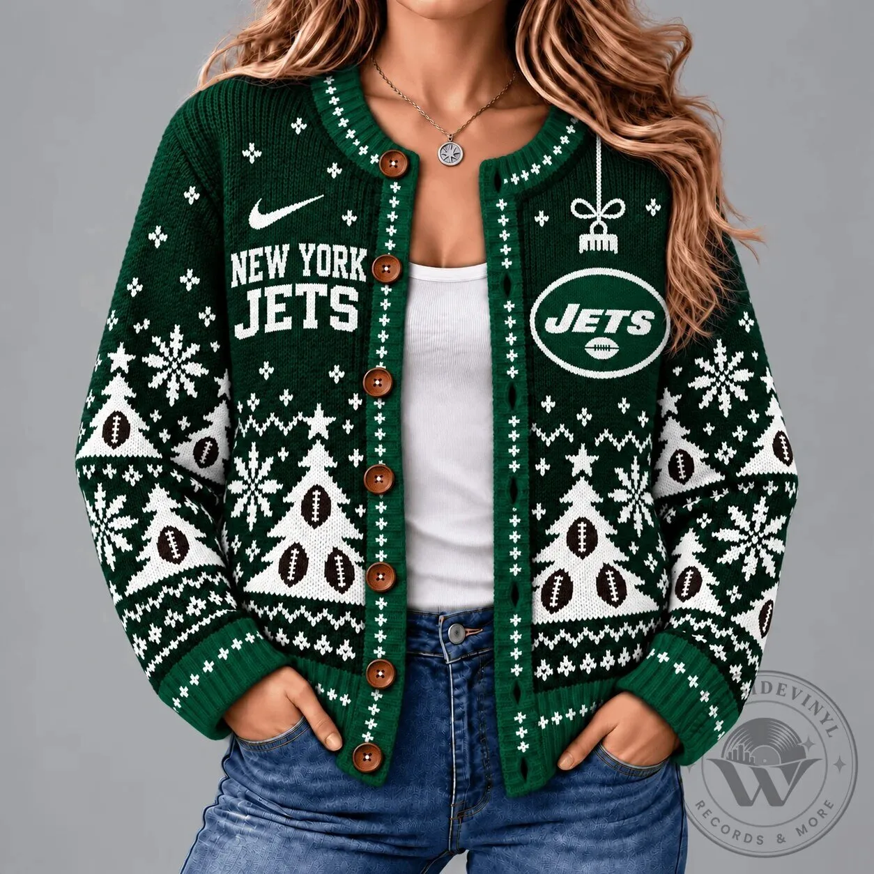 Women's Christmas Cardigan Sweater featuring New York Jets Ugly Design