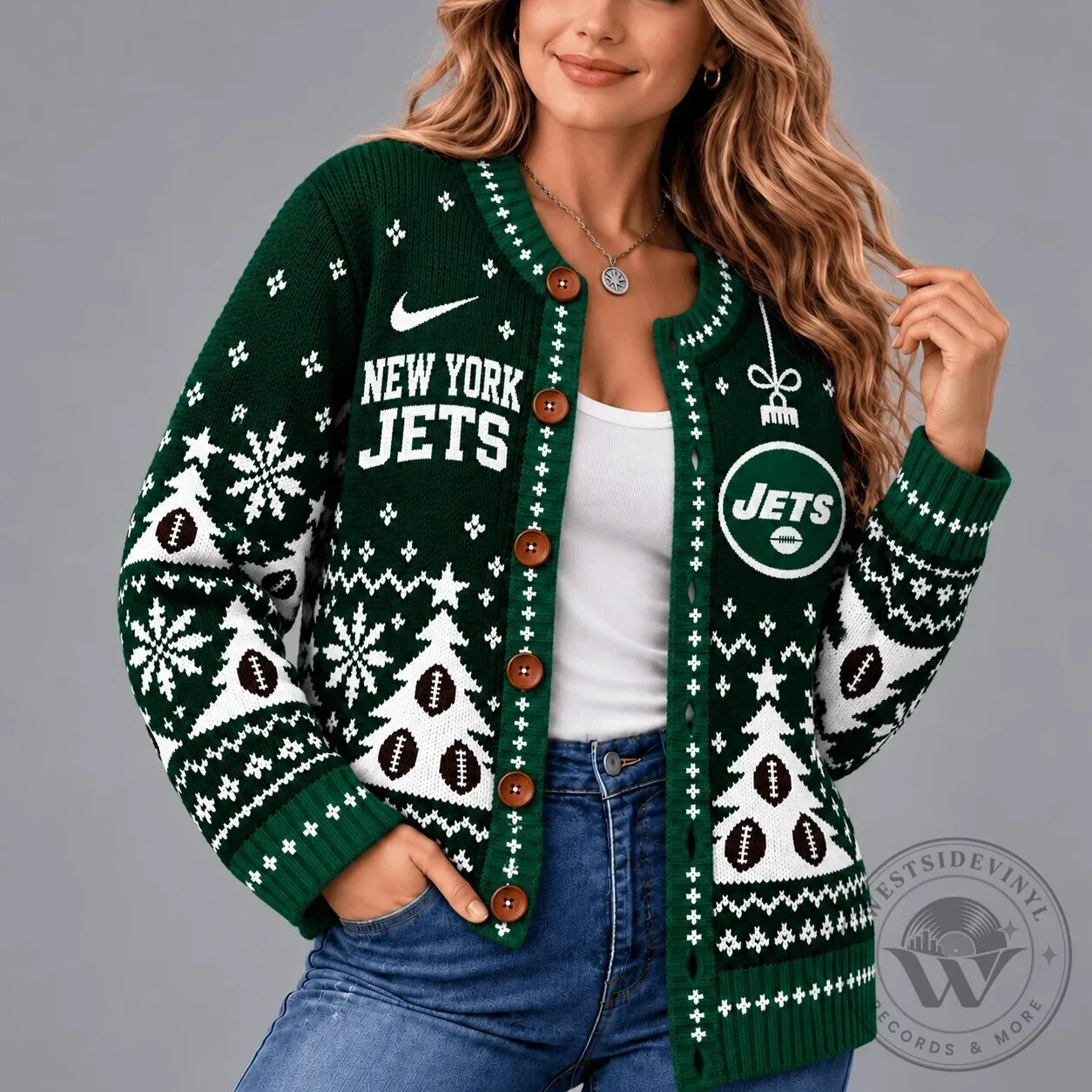 Women's Christmas Cardigan Sweater featuring New York Jets Ugly Design 8 Women