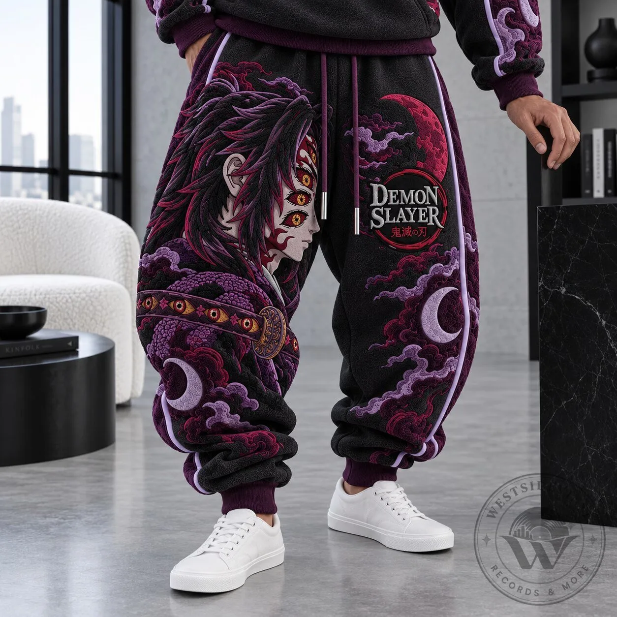 Demon Slayer Anime Akaza Moon Graphic Print Jogger Sweatpants