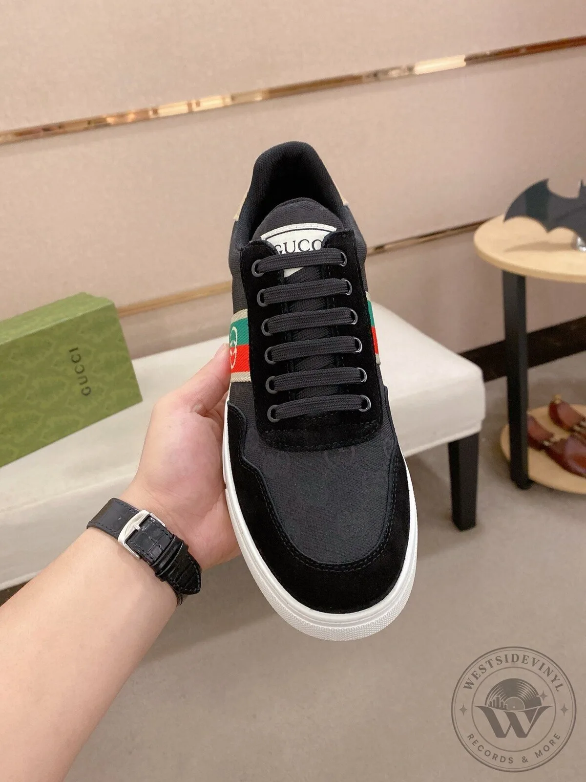 Gucci Black Canvas and Suede Low Top Sneakers with Web Stripe Detail