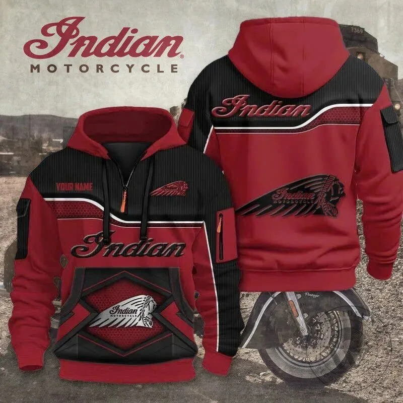 Indian Motorcycle Red and Black Quarter Zip Hoodie with Custom Name Option