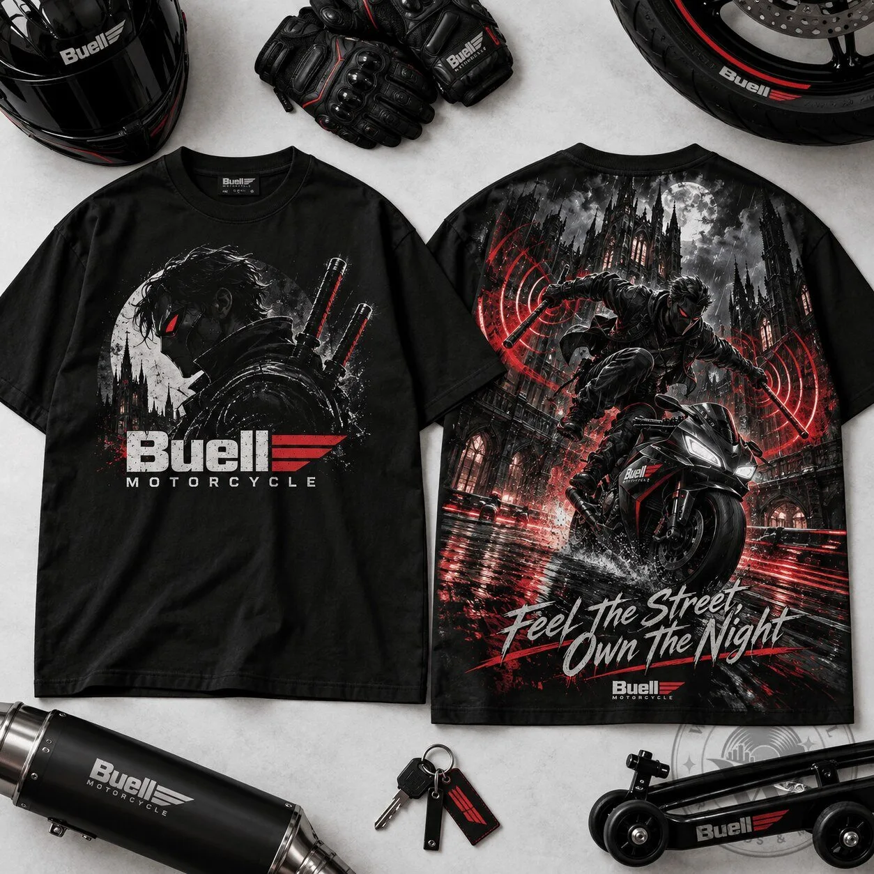 Buell Motorcycle Daredevil Feel The Street Own The Night Black T-Shirt