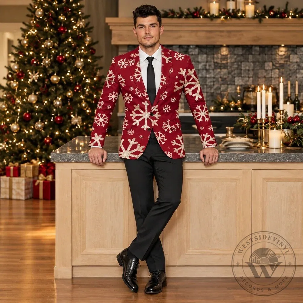 Red and Gold Snowflake Christmas Holiday Blazer Jacket for Men