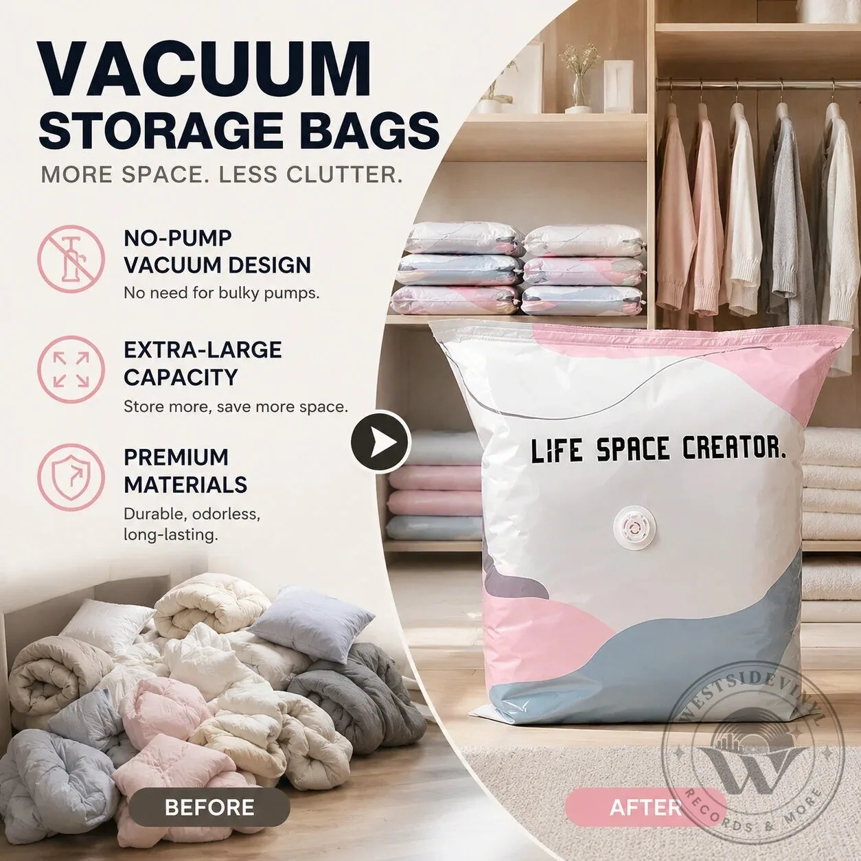 No-Pump Large Vacuum Storage Compression Bags for Home Space Saving 39 No-Pump Large Vacuum Storage Compression Bags for Home Space Saving
