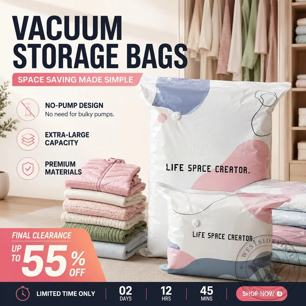 No-Pump Large Vacuum Storage Compression Bags for Home Space Saving 43 No-Pump Large Vacuum Storage Compression Bags for Home Space Saving