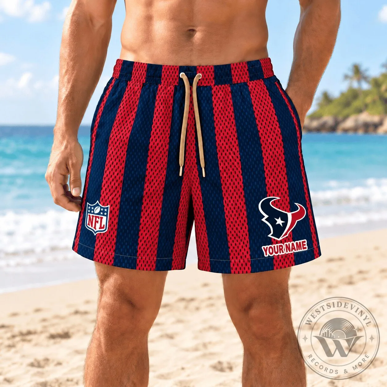 Houston Texans NFL Custom Name Red Blue Striped Mesh Shorts