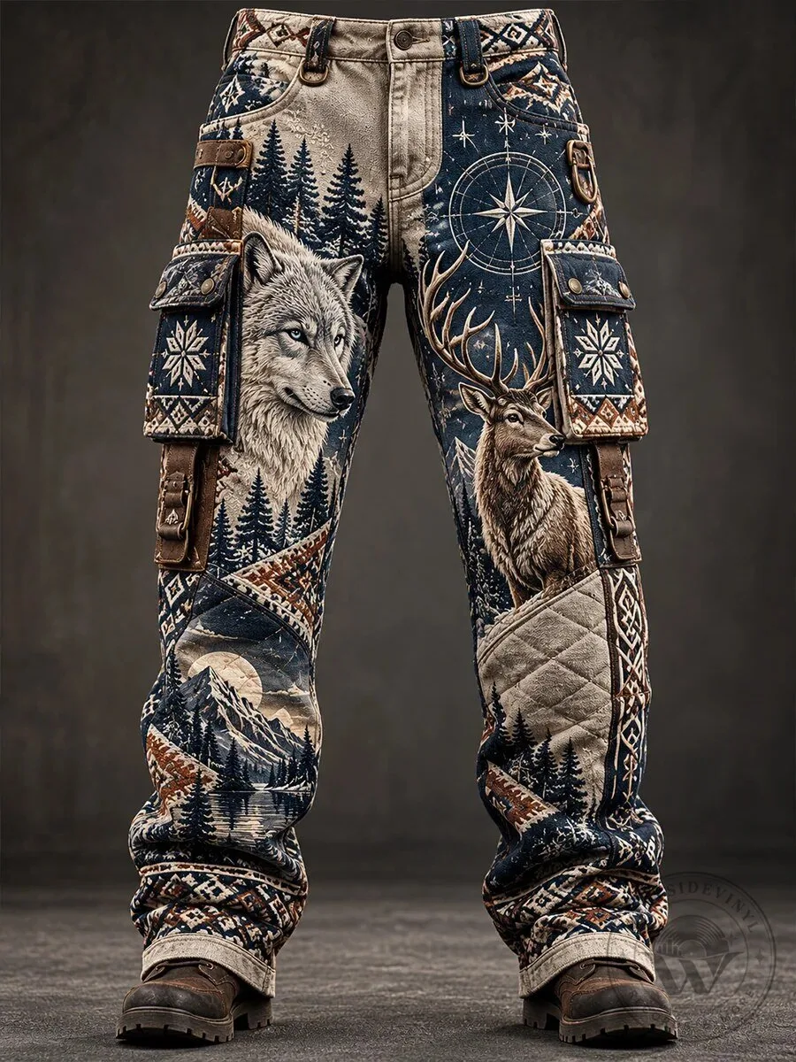 Nordic Wolf and Deer Forest Print Men's Casual Cargo Pants