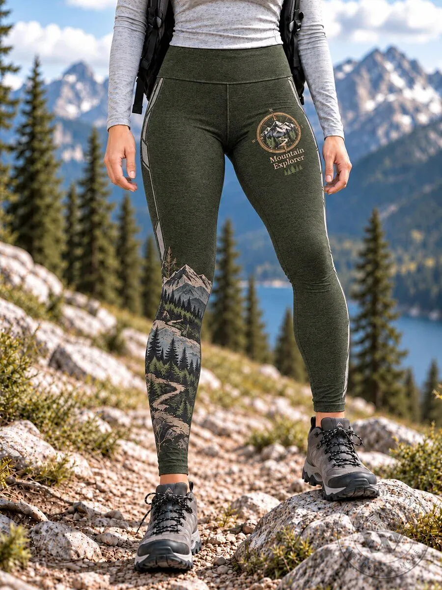 Women's Hiking Leggings with Mountain Explorer Wilderness Trail Print