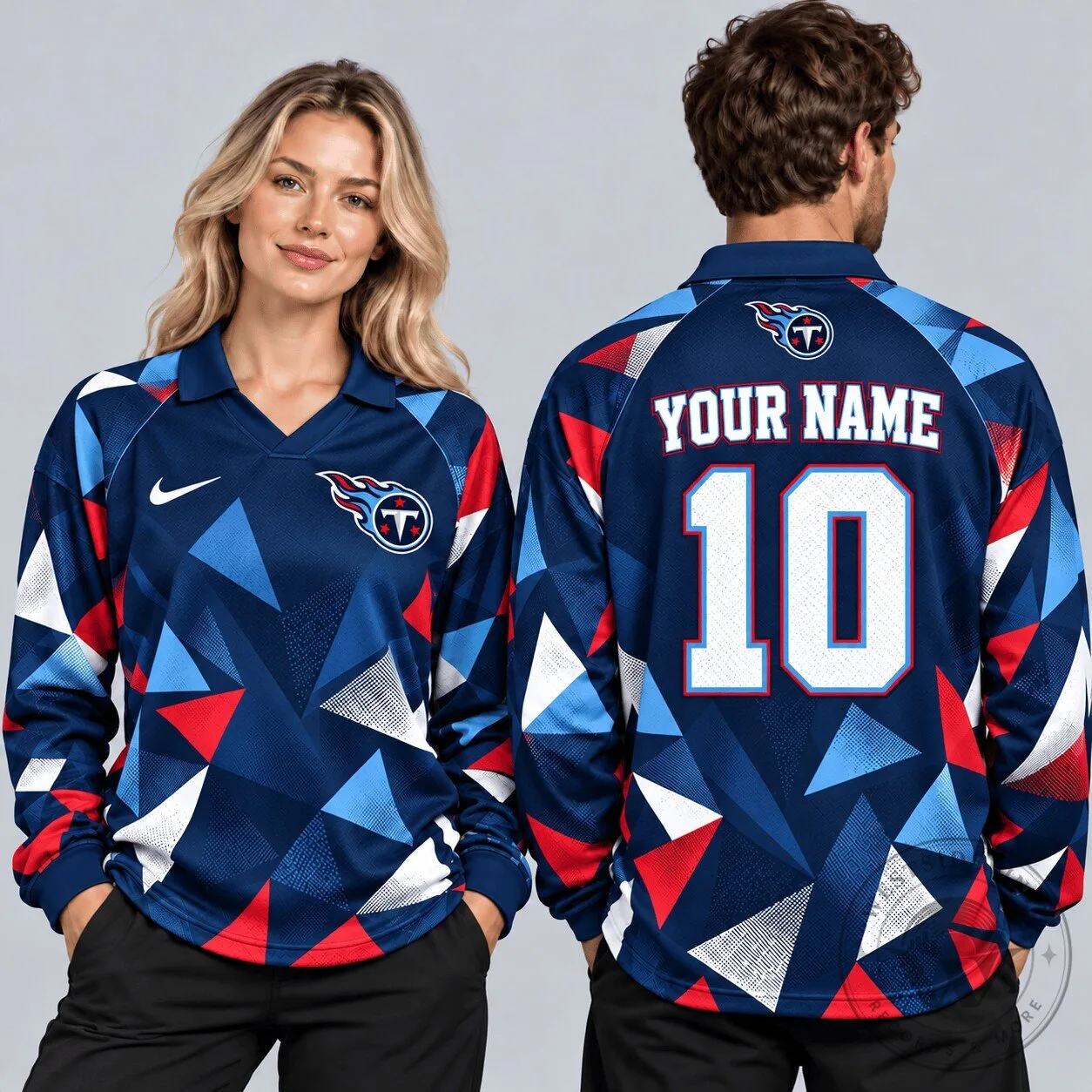 Tennessee Titans NFL Abstract Triangle Camo Custom Name Number Long-Sleeve Polo Shirt