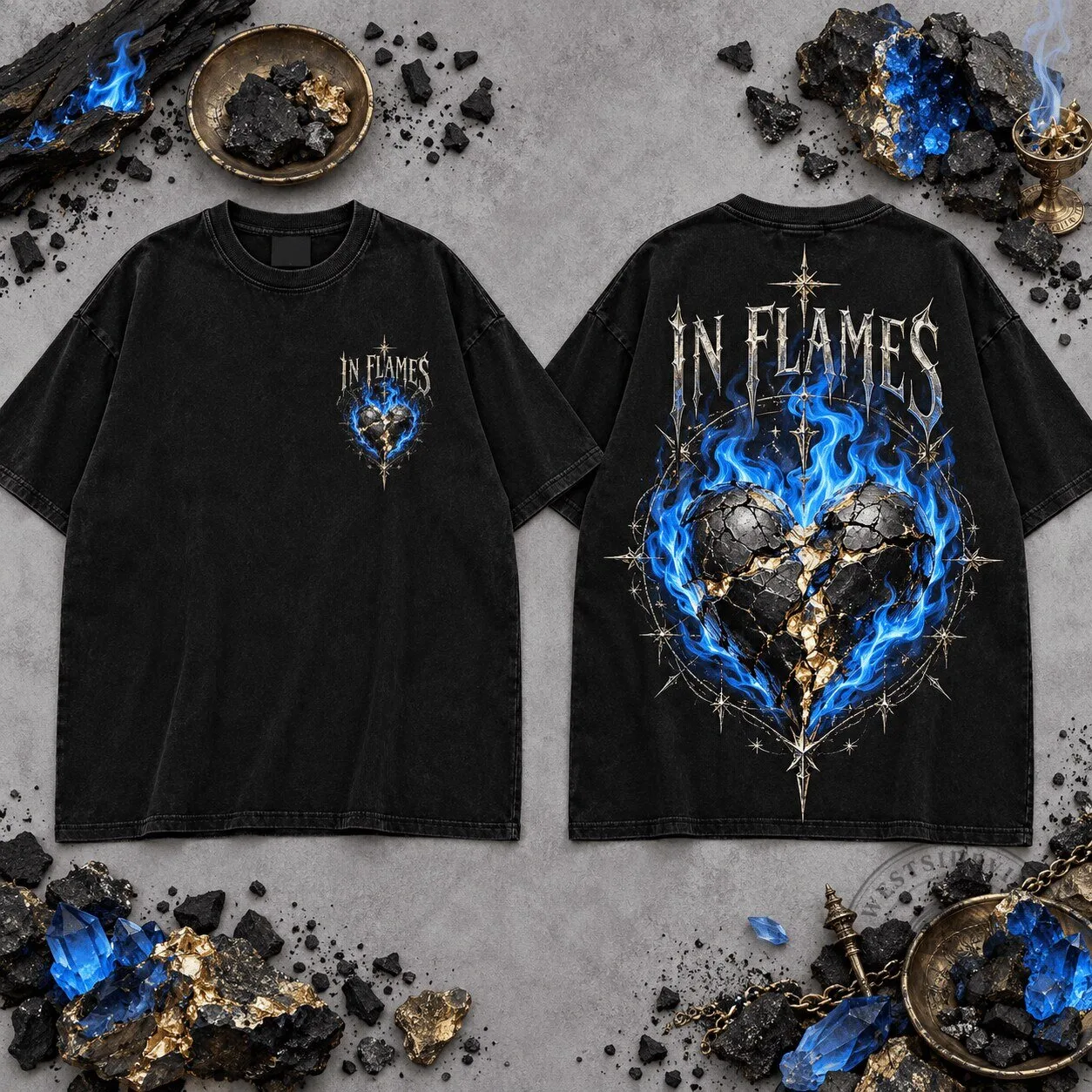 In Flames Blue Fire Cracked Heart Golden Veins Vintage Black T-Shirt