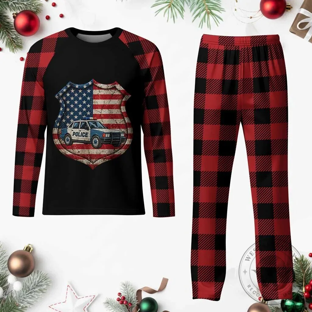 Police Car American Flag Shield Red Plaid Long Sleeve Pajamas Set