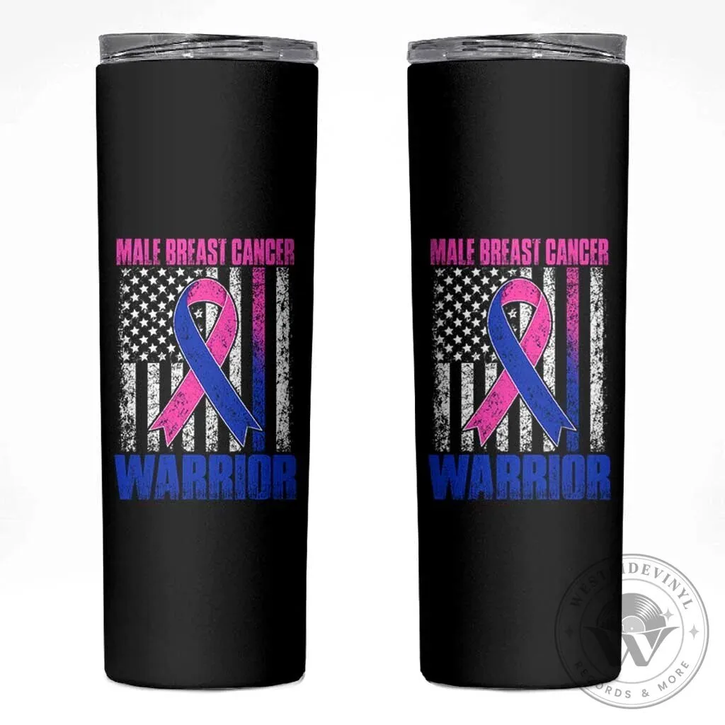 Male Breast Cancer Warrior Pink Blue Ribbon American Flag Tumbler