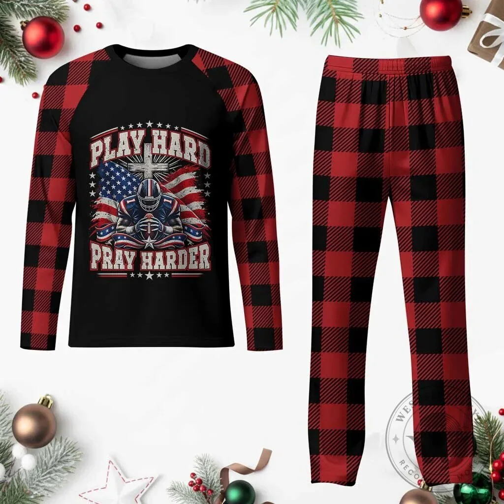 Christian Football Play Hard Pray Harder Bible Verse Plaid Pajama Set