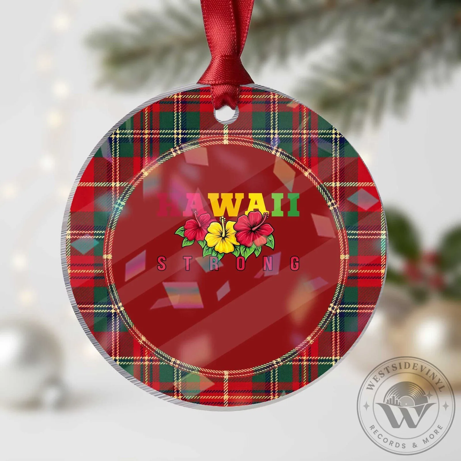 Hawaii Strong Hibiscus Floral Plaid Christmas Tree Holiday Ornament