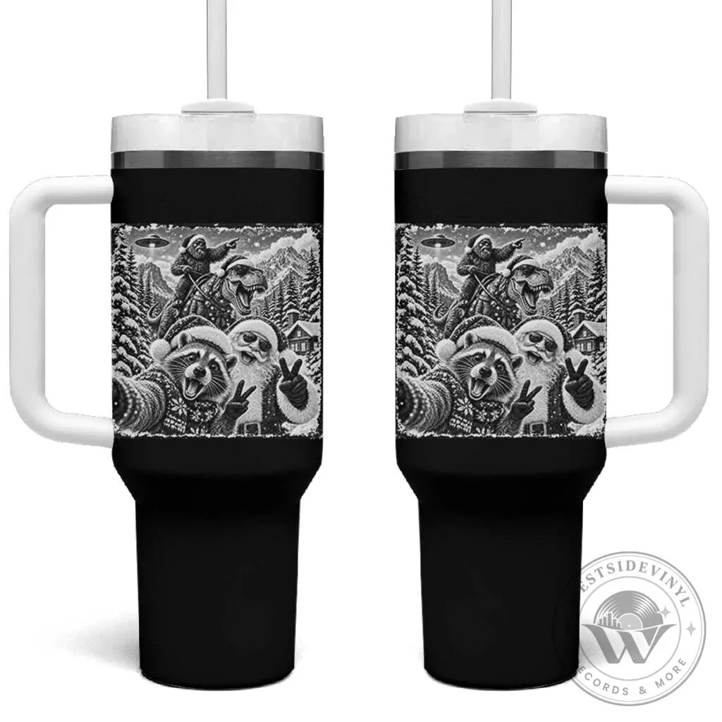 Humorous Winter Holiday Tumbler Featuring Raccoon, Santa, Bigfoot, Dinosaur, and UFO Selfie