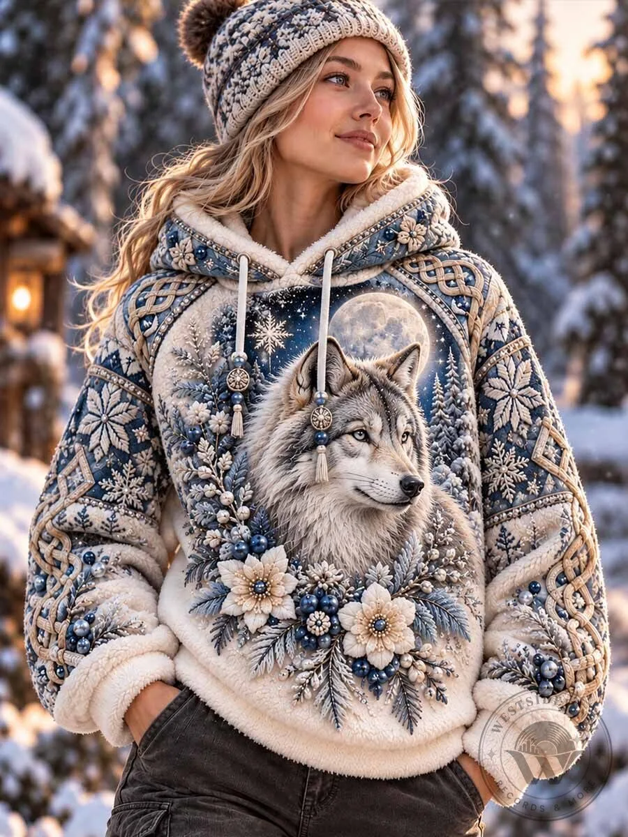 Winter Wolf Moon Snowflake Pattern Sherpa Fleece Hoodie