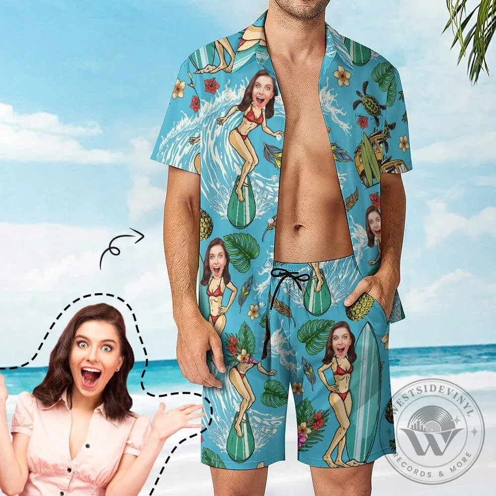 Custom Face Surfing Girl Hawaiian Shirt and Shorts Set for Summer Holiday 6 Custom Face Surfing Girl Hawaiian Shirt and Shorts Set for Summer Holiday