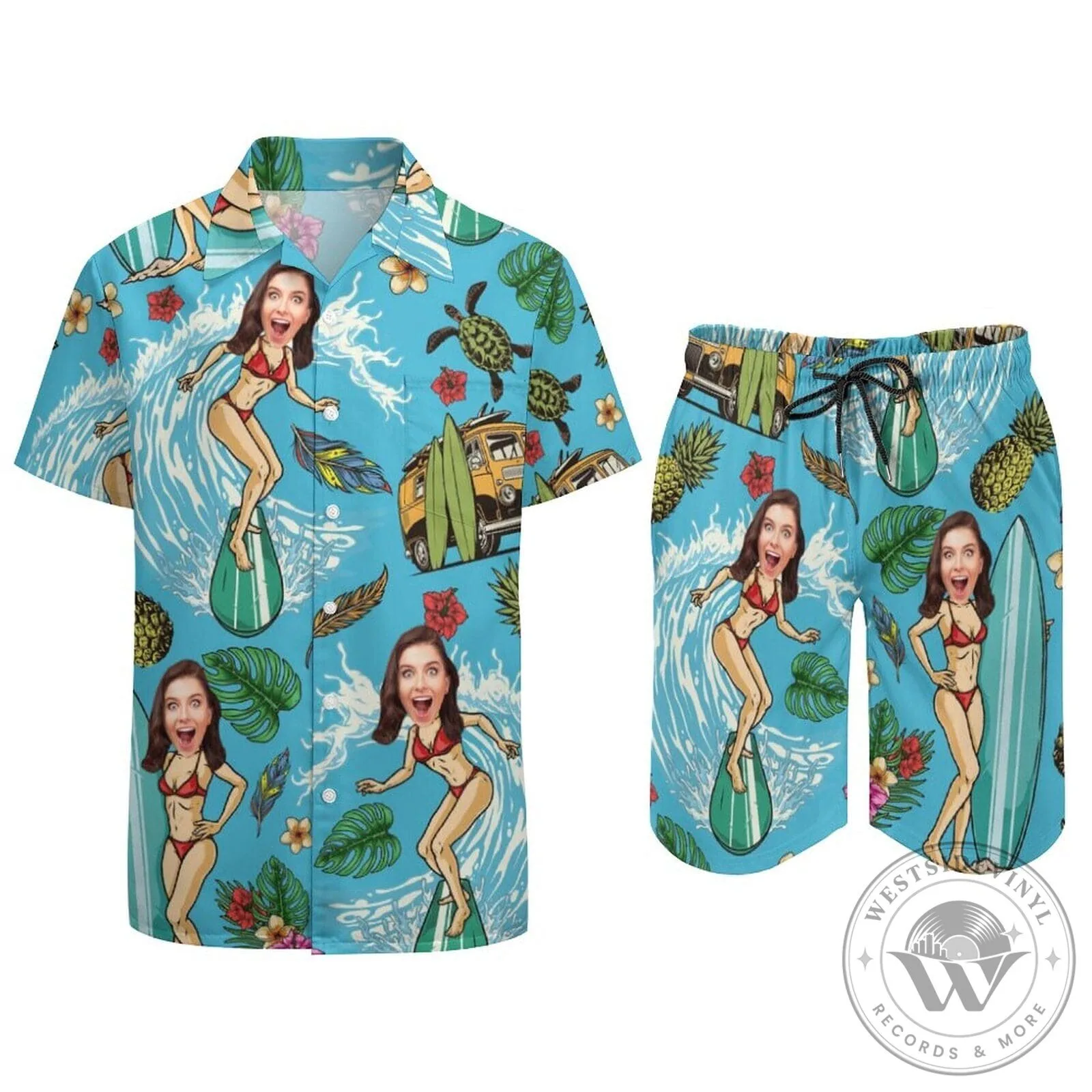 Custom Face Surfing Girl Hawaiian Shirt and Shorts Set for Summer Holiday 15 Custom Face Surfing Girl Hawaiian Shirt and Shorts Set for Summer Holiday