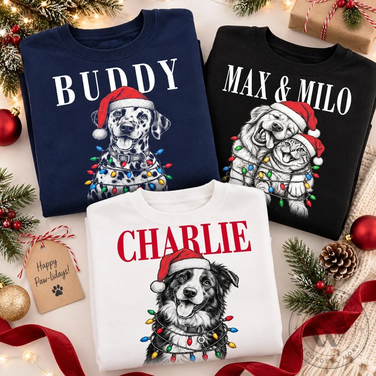 Personalized Dog and Cat Christmas Lights Pet Portrait Holiday Sweatshirt 2 Personalized Dog and Cat Christmas Lights Pet Portrait Holiday Sweatshirt