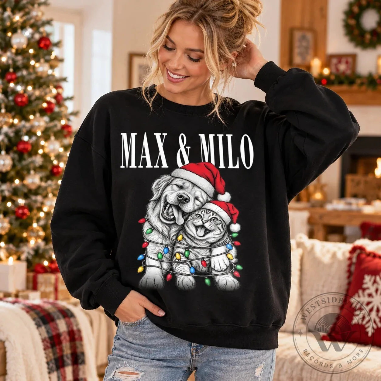 Personalized Dog and Cat Christmas Lights Pet Portrait Holiday Sweatshirt 15 Personalized Dog and Cat Christmas Lights Pet Portrait Holiday Sweatshirt