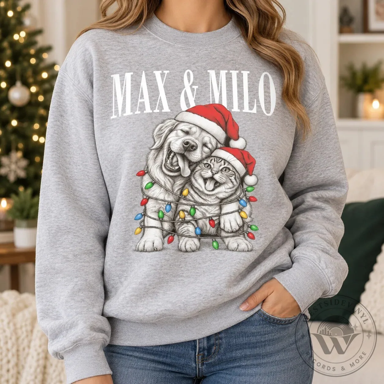 Personalized Dog and Cat Christmas Lights Pet Portrait Holiday Sweatshirt 17 Personalized Dog and Cat Christmas Lights Pet Portrait Holiday Sweatshirt