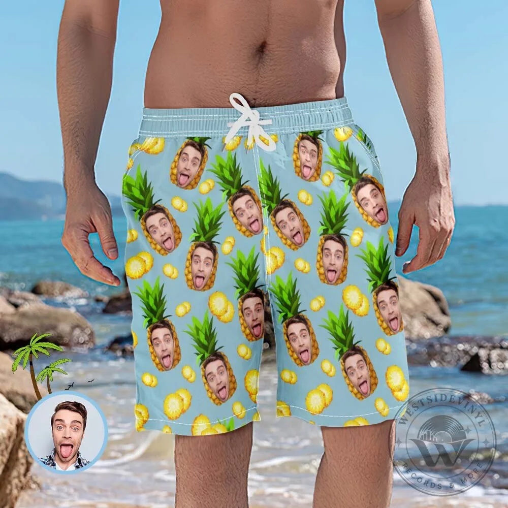 Men's Personalized Swim Trunks with Custom Face and Pineapple Design