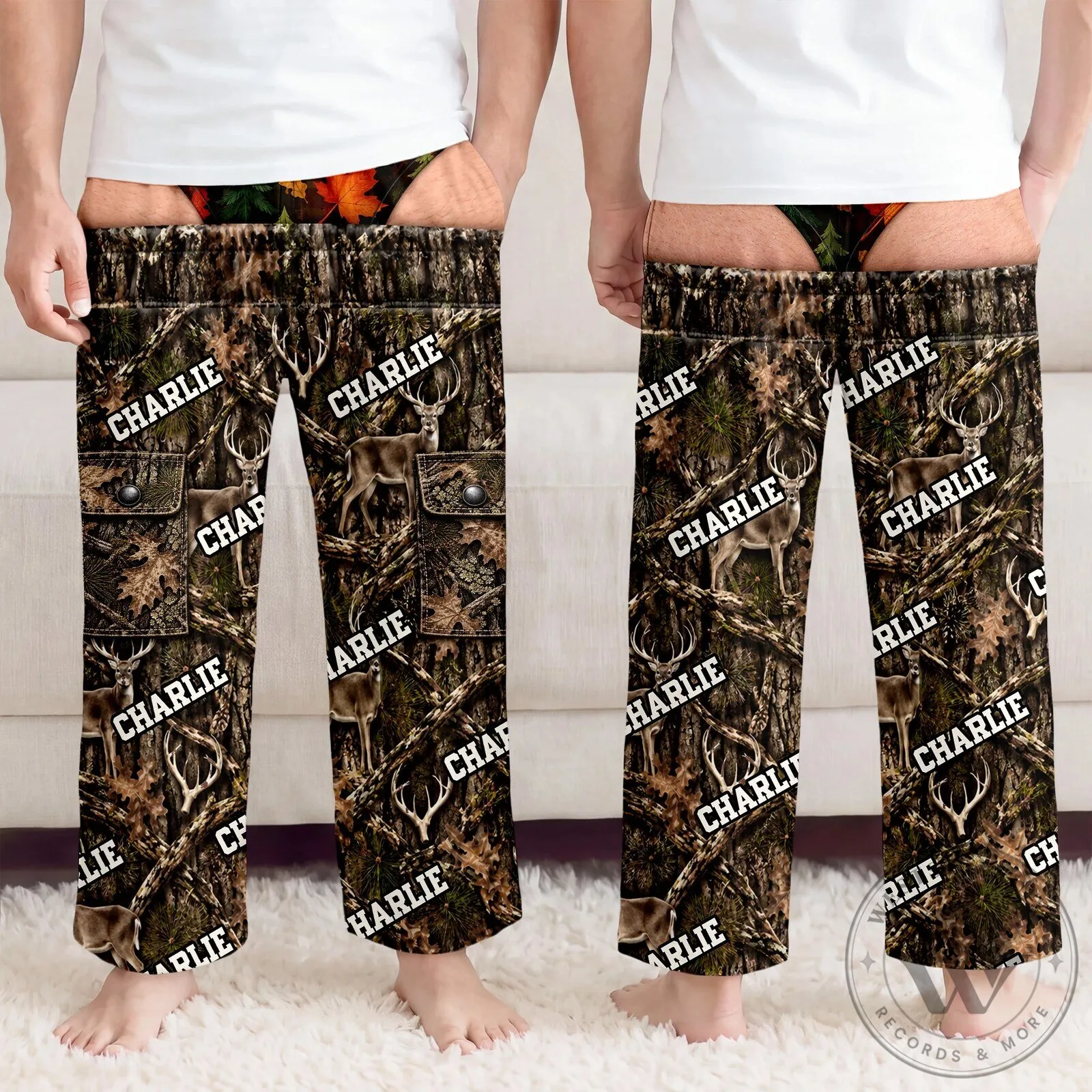 Personalized Charlie Woodland Camouflage Deer Hunting Lounge Pants