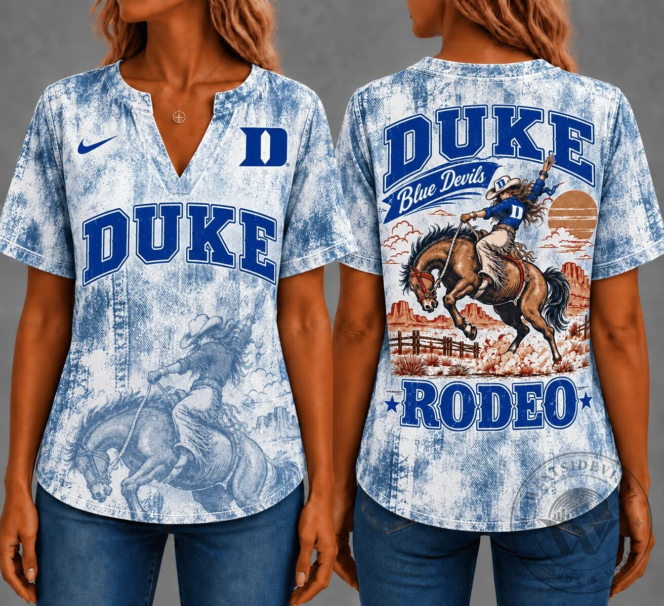Duke Blue Devils Retro Western Rodeo Short Sleeve V-Neck Collar Shirt