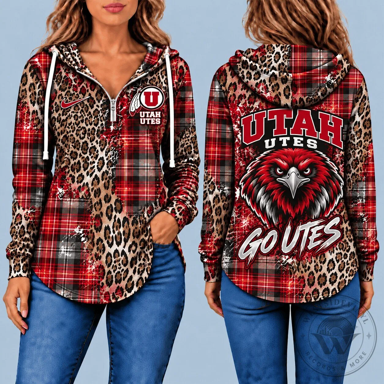 Utah Utes Leopard Plaid Half-Zip Hoodie for Women