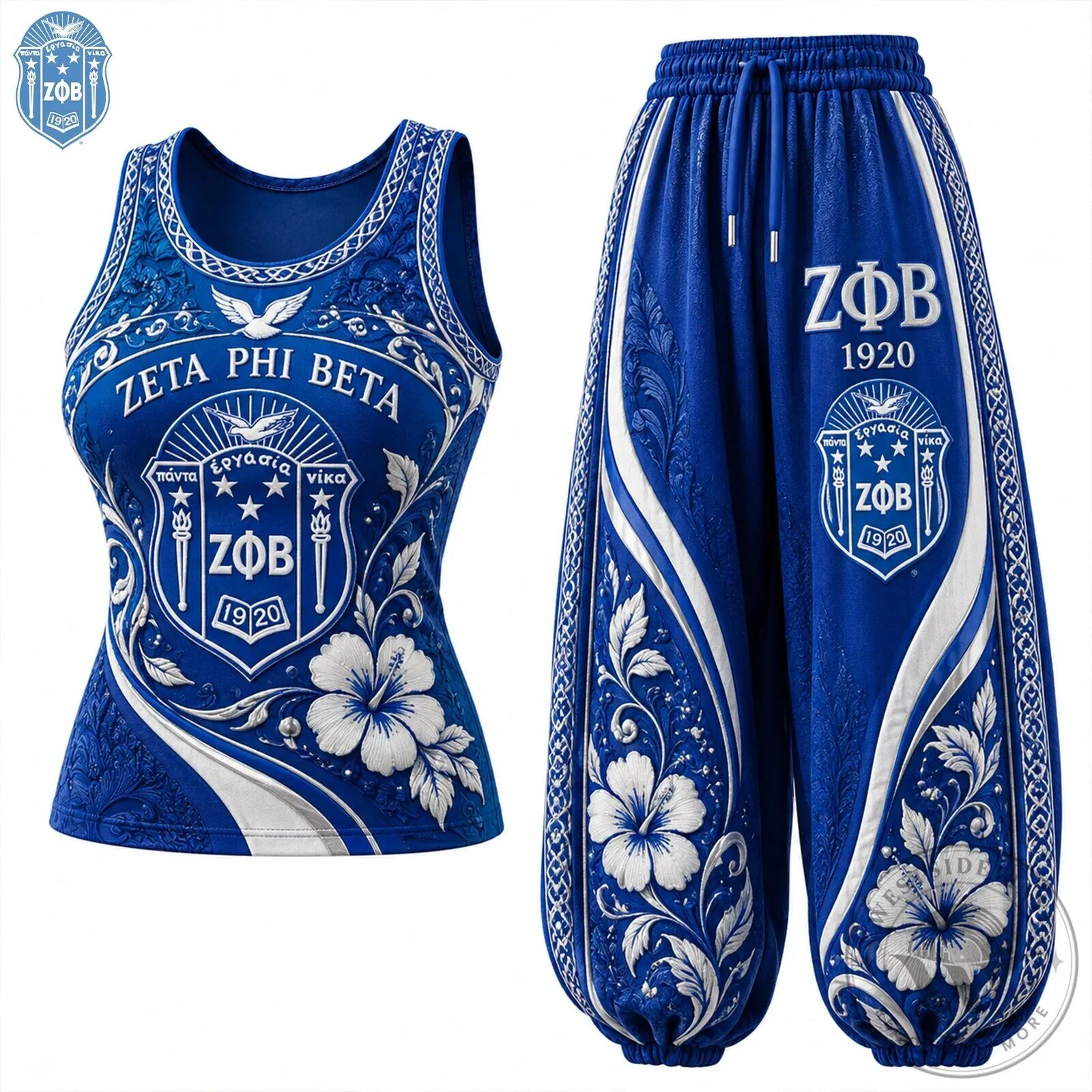 Zeta Phi Beta Sorority Greek Letter Floral Blue Tank Top and Pants Set