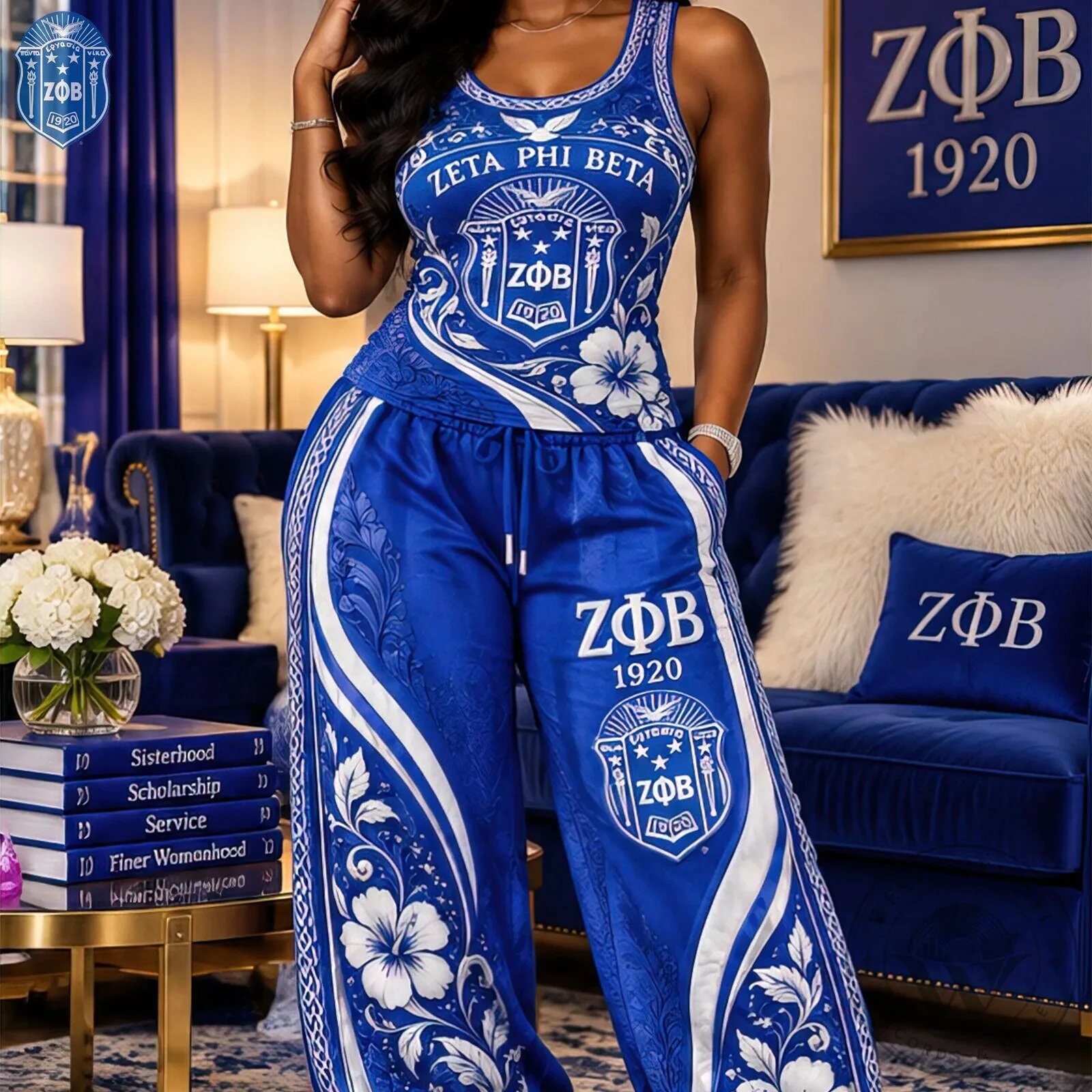 Zeta Phi Beta Sorority Greek Letter Floral Blue Tank Top and Pants Set 11 Zeta Phi Beta Sorority Greek Letter Floral Blue Tank Top and Pants Set
