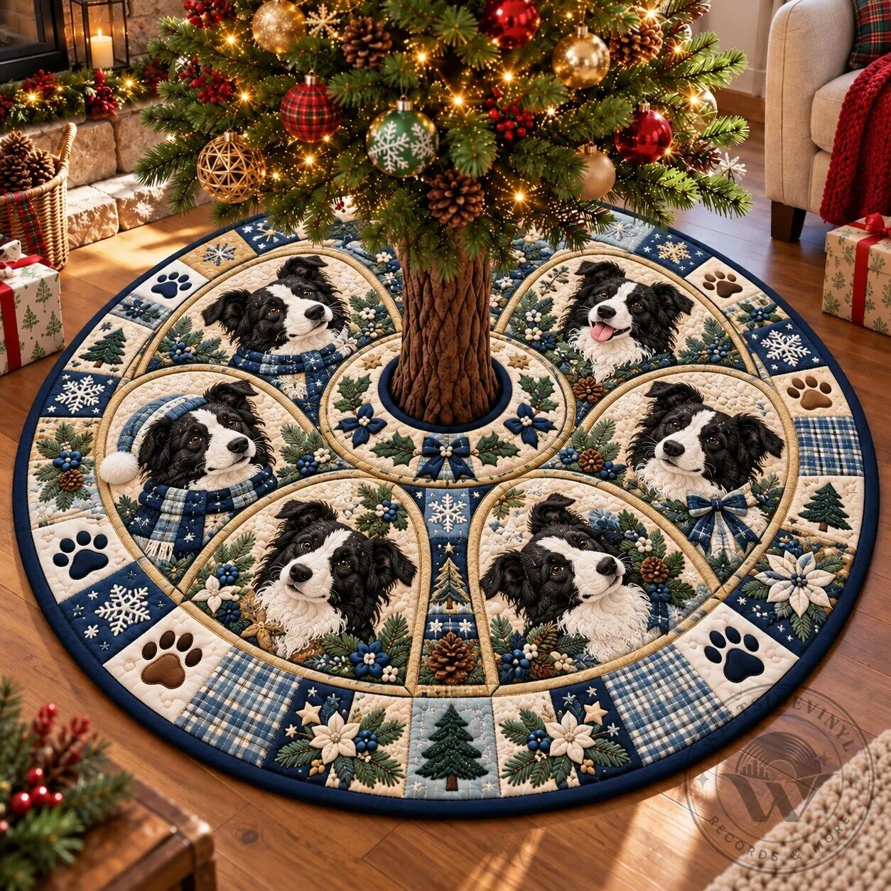 Border Collie Christmas Memories Quilted Tree Skirt Holiday Decor