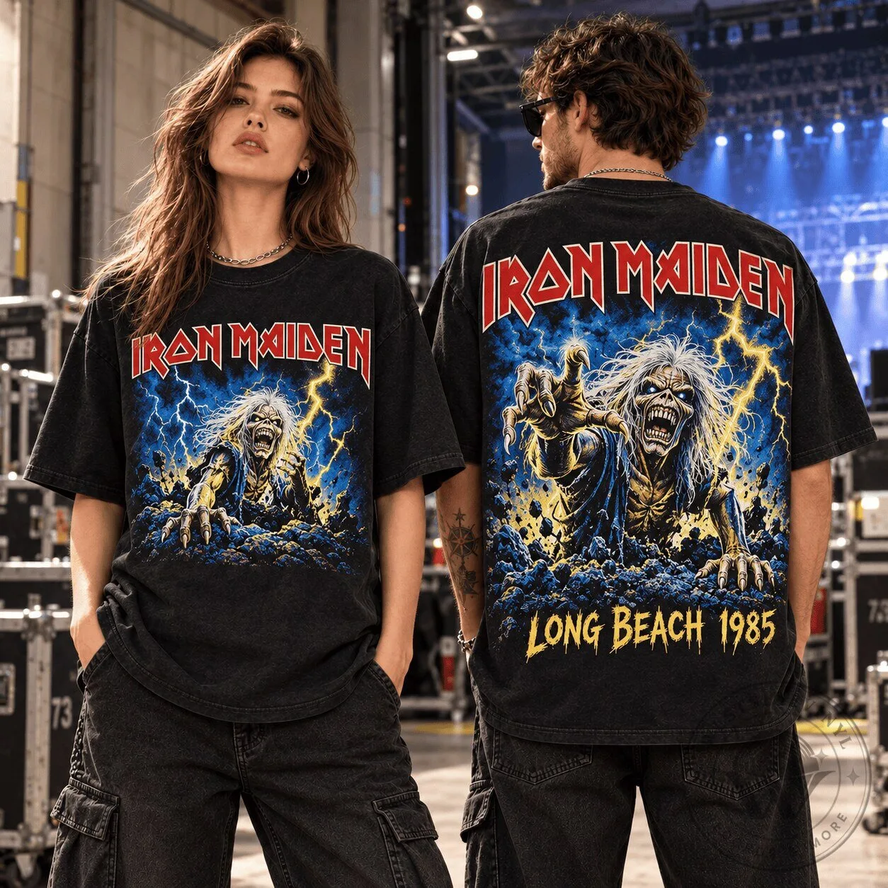 Iron Maiden Graveborn Revival Long Beach 1985 Concert Graphic T-Shirt