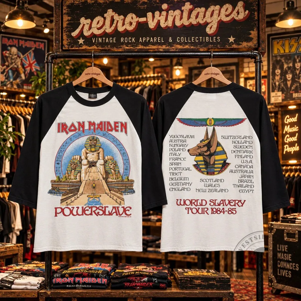 Iron Maiden Powerslave World Slavery Tour 1984-85 Raglan T-Shirt Iron Maiden Powerslave World Slavery Tour 1984-85 Raglan T-Shirt