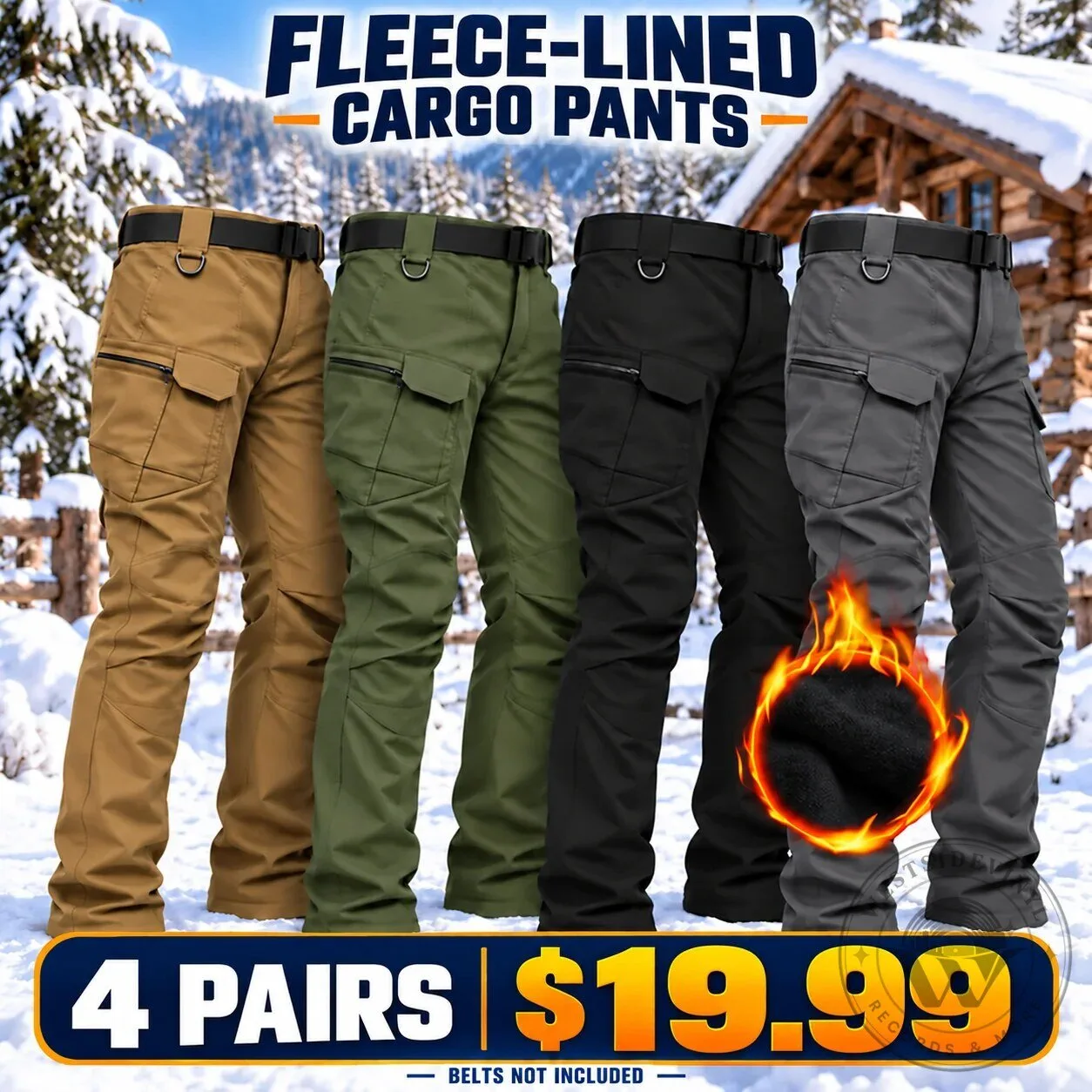 Men's Fleece Lined Cargo Pants with Pockets, Warm Outdoor Tactical Trousers