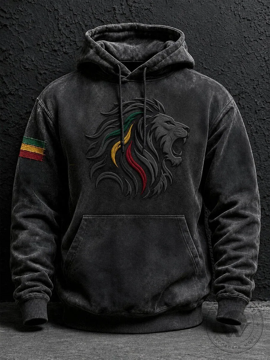 Reggae Lion of Judah Rasta Colors Embroidered Washed Black Hoodie