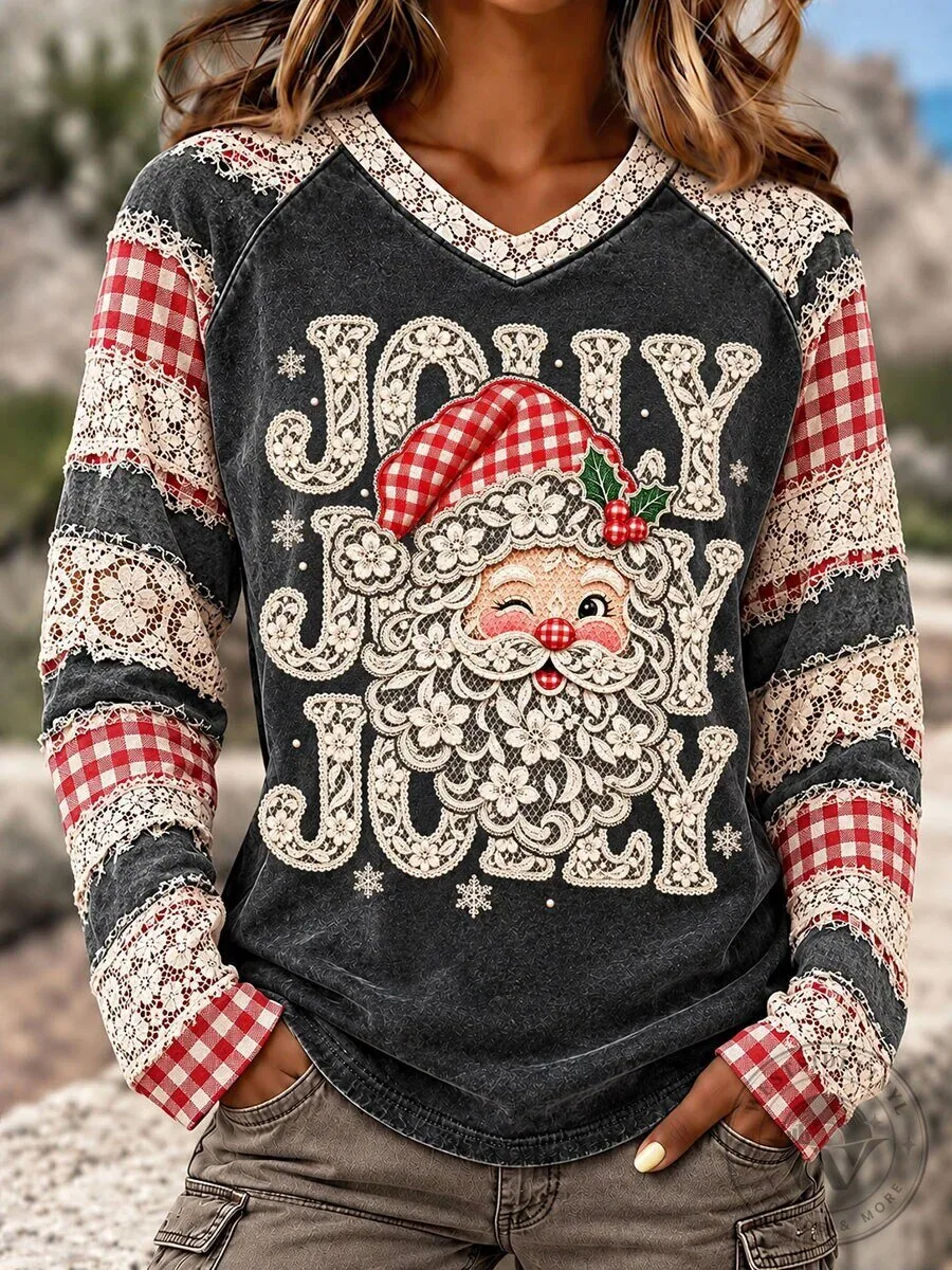 Jolly Santa Claus Christmas Holiday V-Neck Long Sleeve Shirt for Women
